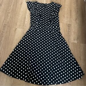 VILA Black & White Polka Dot Midi Dress with Ruffle Shoulders